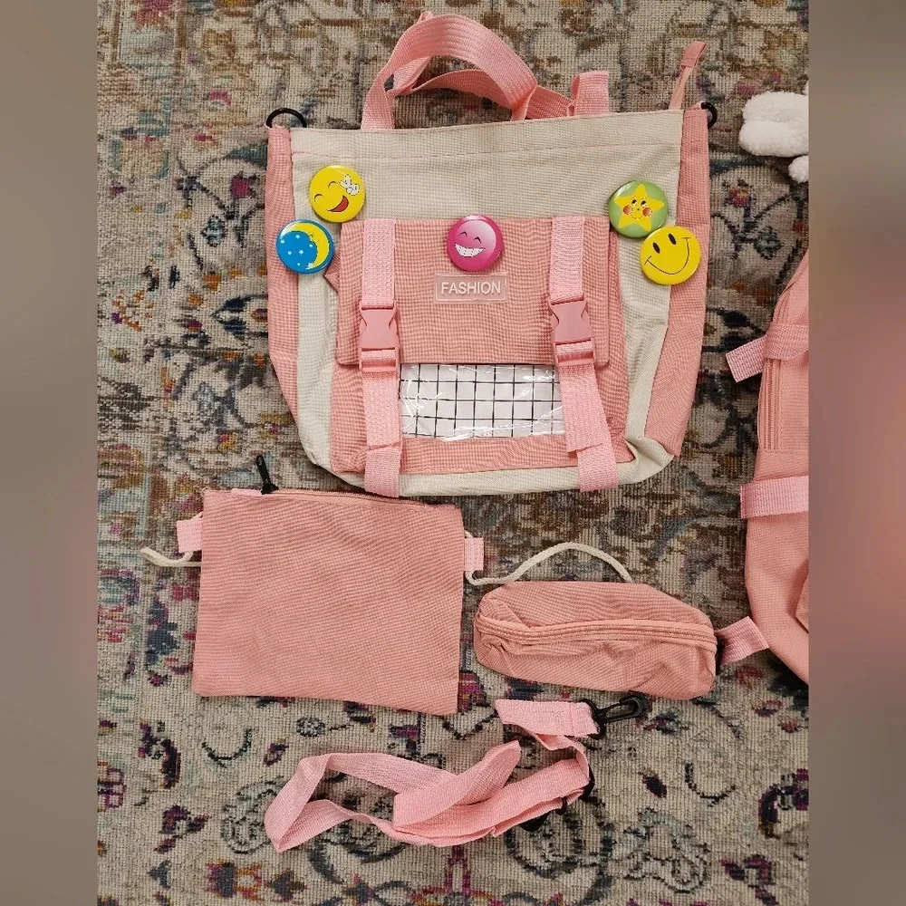 Pink Kawaii Backpack Pin Decor Multi Pocket School Bag OS